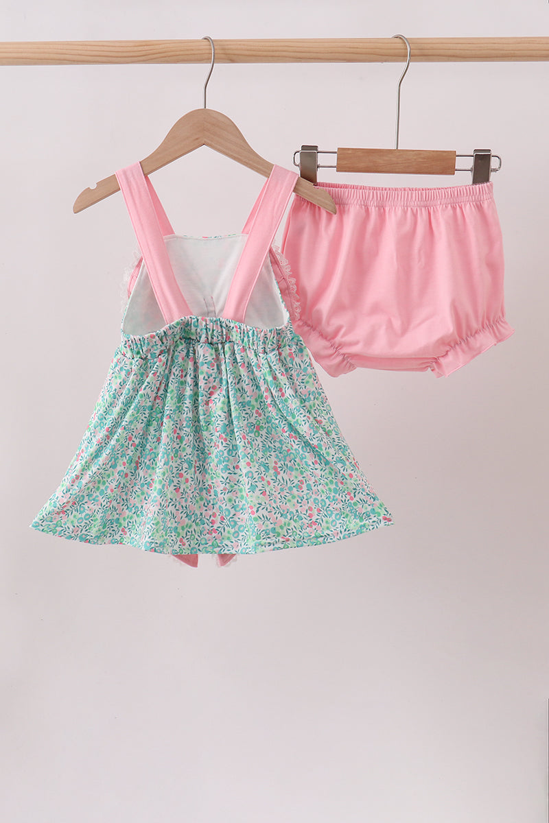 Ensemble Bloomer Fleuri Nœud Rose