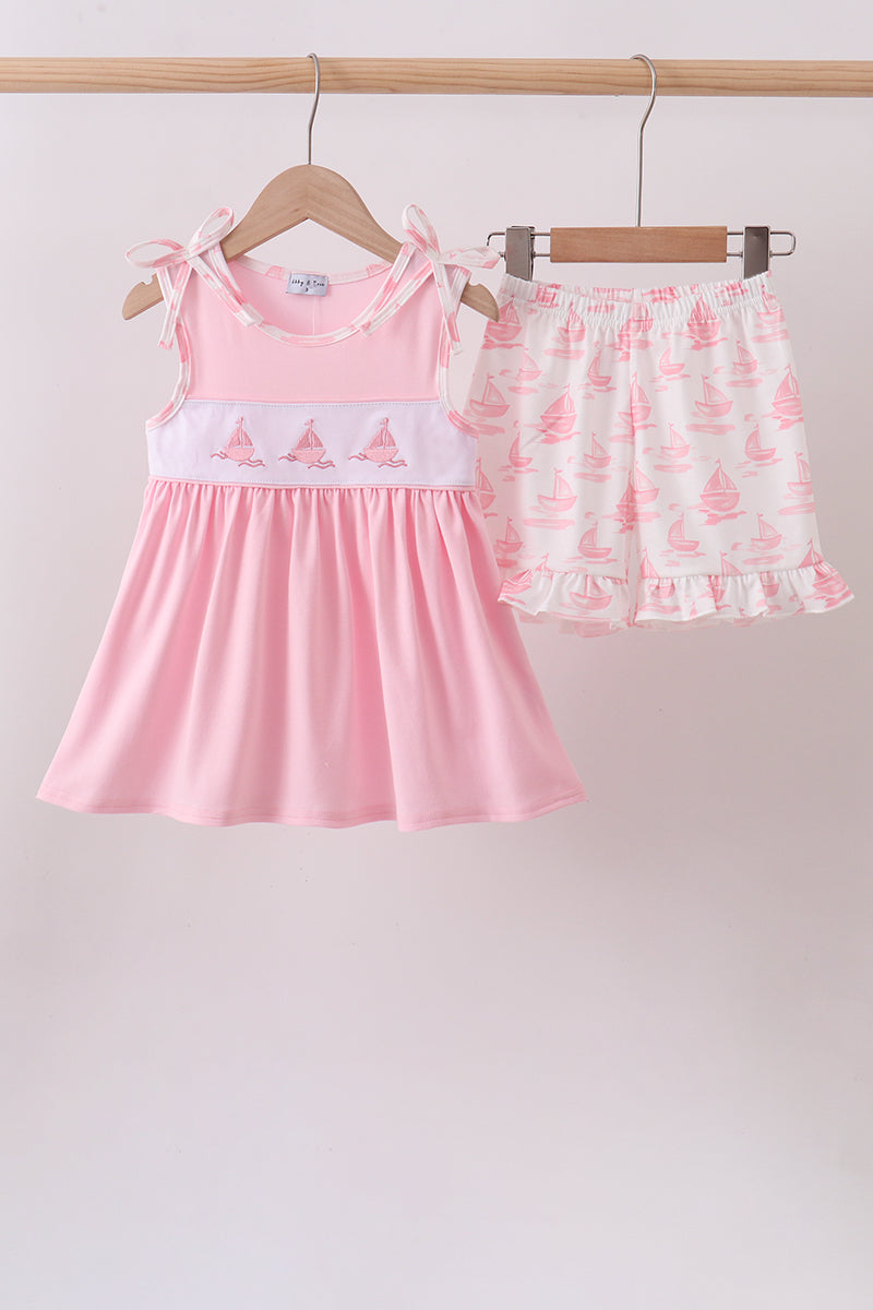 Ensemble brodé Voilier rose