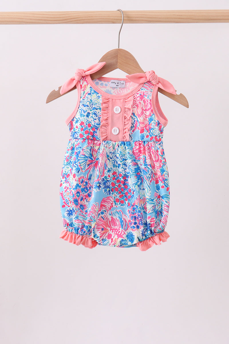 Barboteuse à volants et nœud, imprimé floral tropical rose