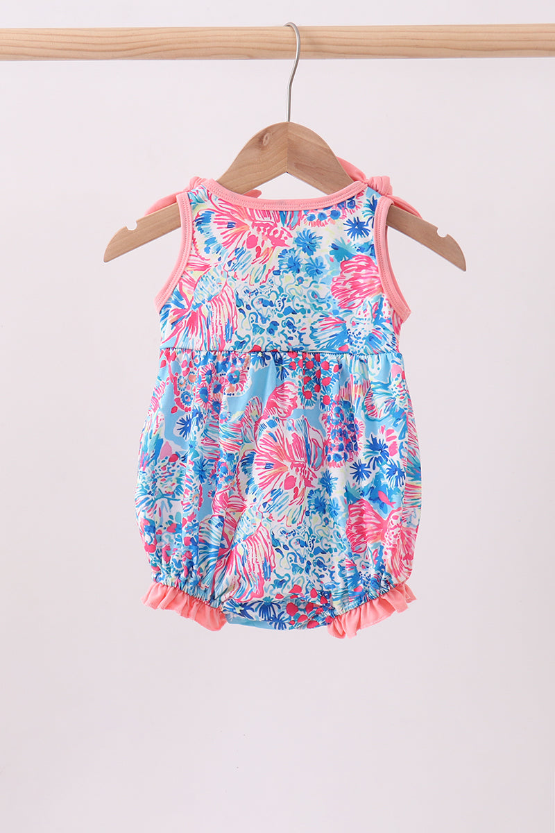 Barboteuse à volants et nœud, imprimé floral tropical rose