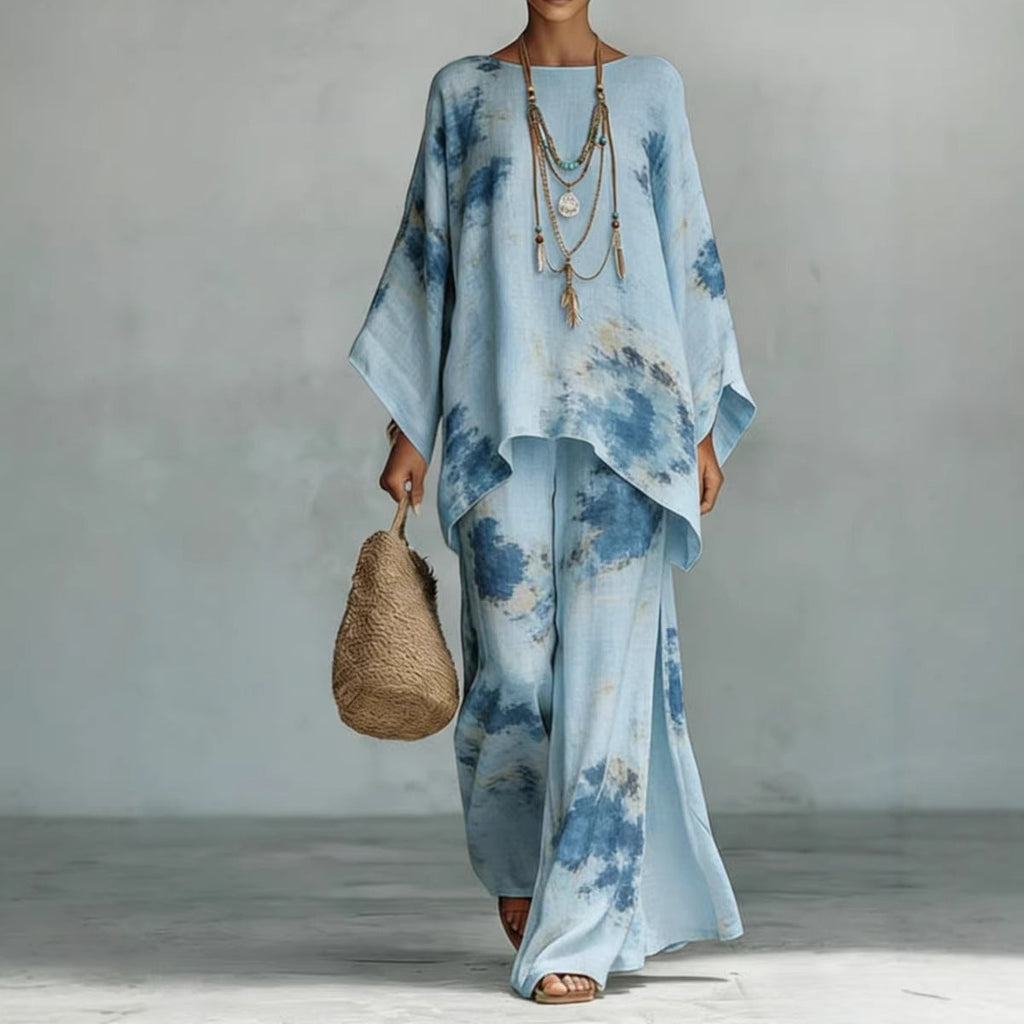 Ensemble deux pièces en lin de bambou à imprimé floral | Pantalon large