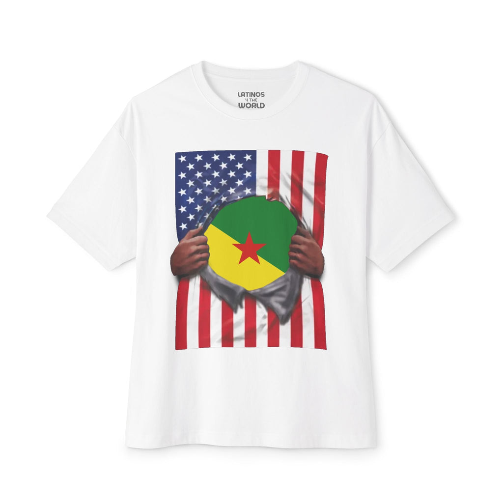 T-shirt Drapeau Guyane Française + USA | Drapeau Guyanais + Américain déchiré 4 Juillet | T-shirts Latins Drôles | 4 Couleurs