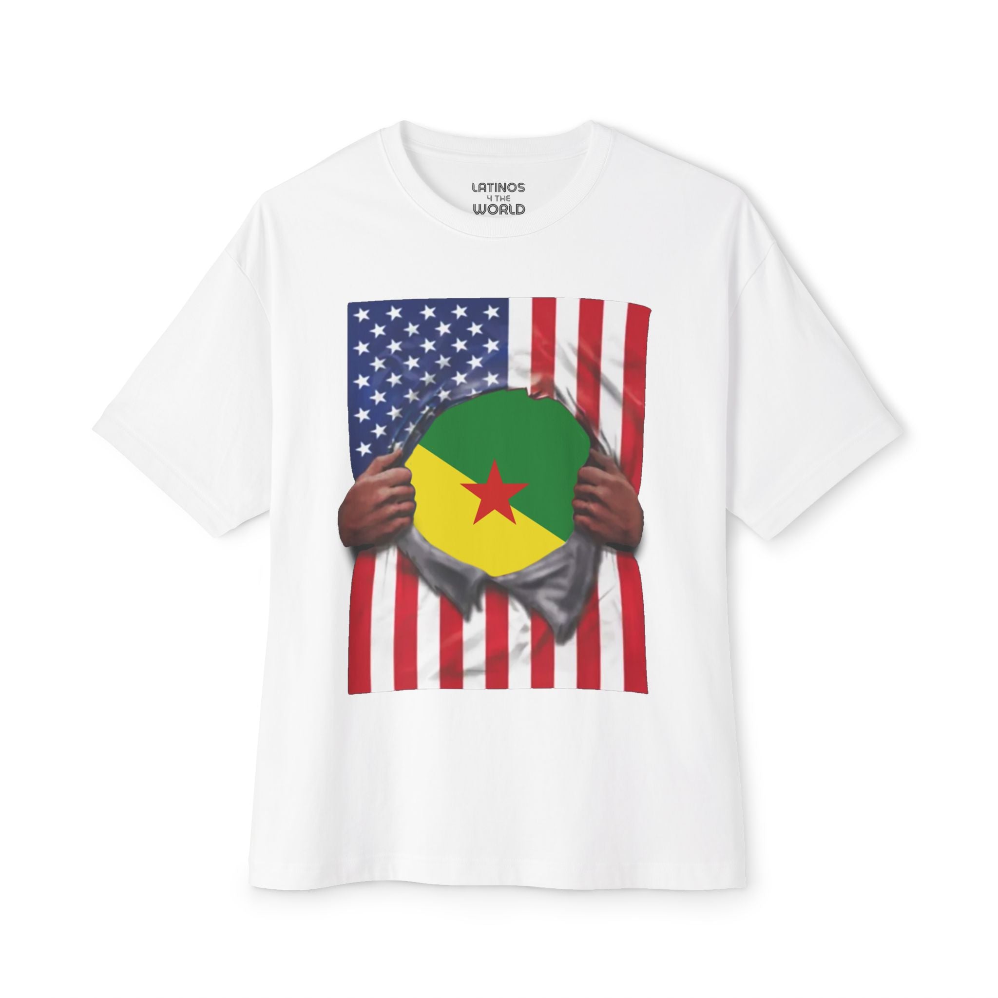 T-shirt Drapeau Guyane Française + USA | Drapeau Guyanais + Américain déchiré 4 Juillet | T-shirts Latins Drôles | 4 Couleurs