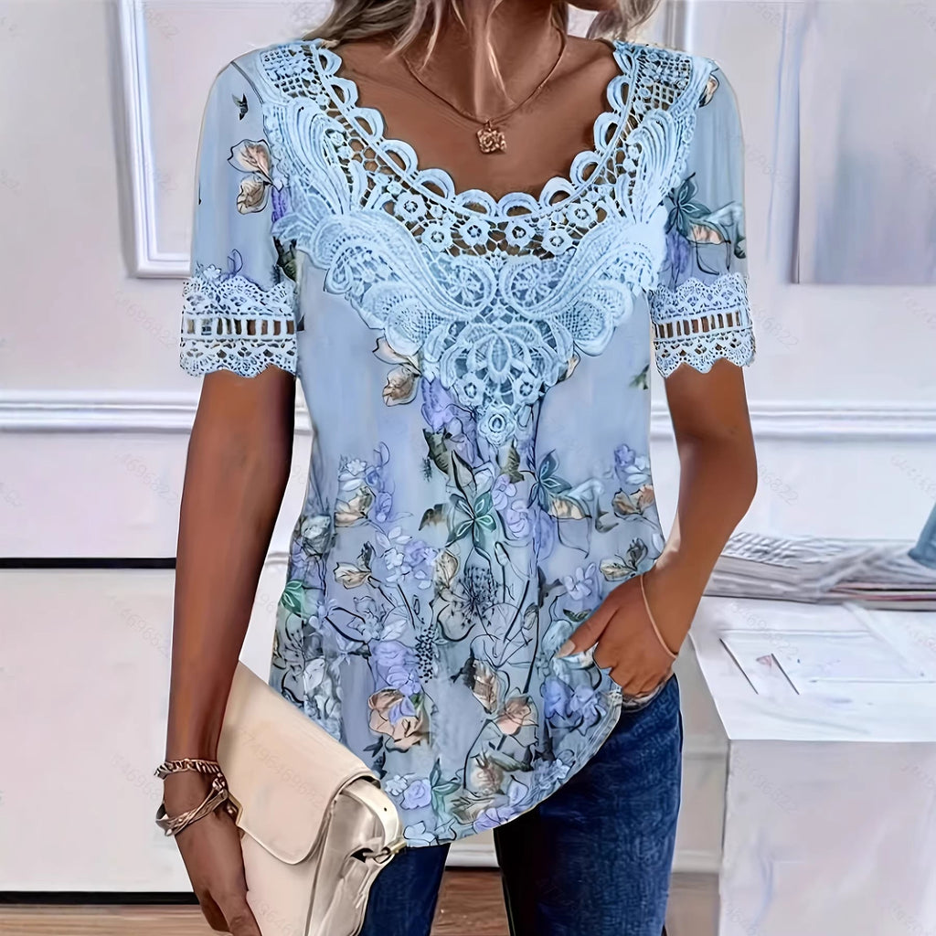 T-shirt à manches courtes et col rond en dentelle patchwork pour femme