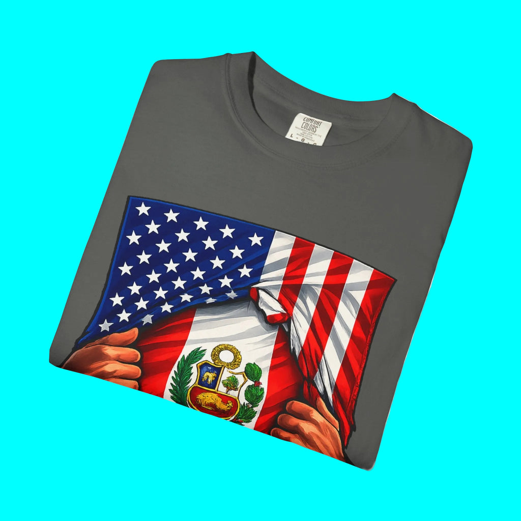 Drapeau Pérou + Drapeau USA T-shirt Fierté | Drapeau Péruvien + Américain Déchiré 4 Juillet | T-shirts Latino Drôles Viraux | Unisexe - 4 Couleurs