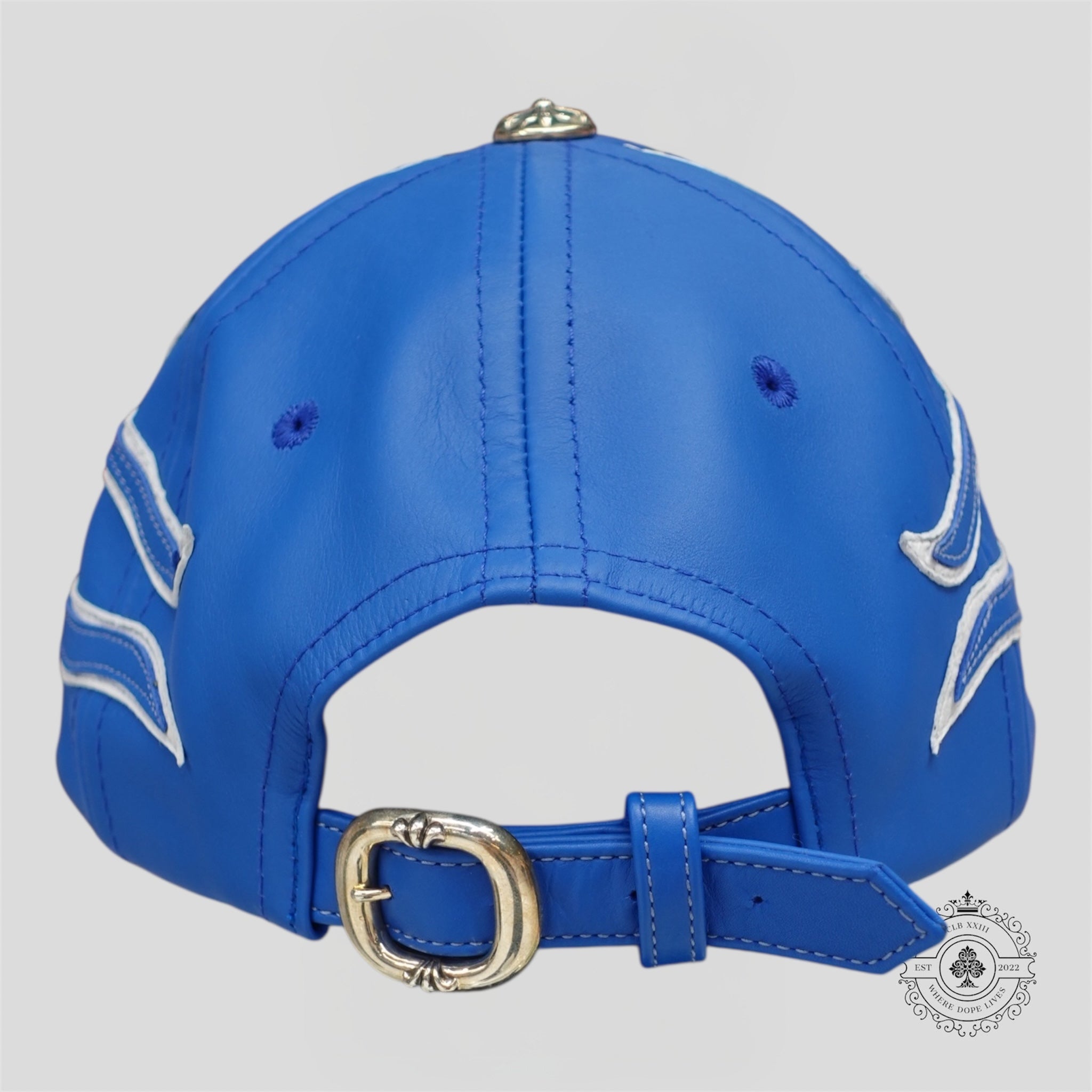 Casquette 6 panneaux Chrome Hearts en cuir, motif Flamme, couleur bleu