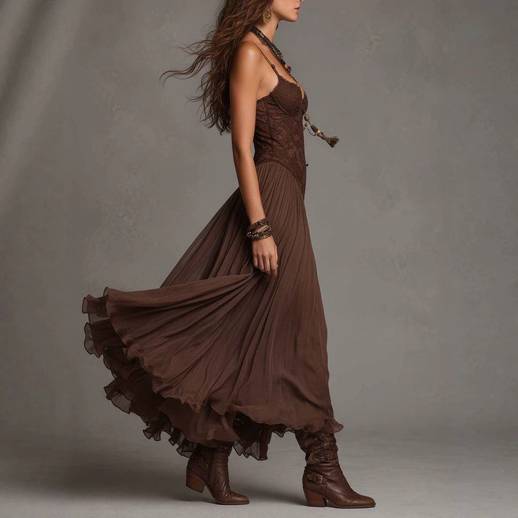 Robe longue évasée en mousseline à col en V et dos nu – Robe longue trapèze élégante pour femme