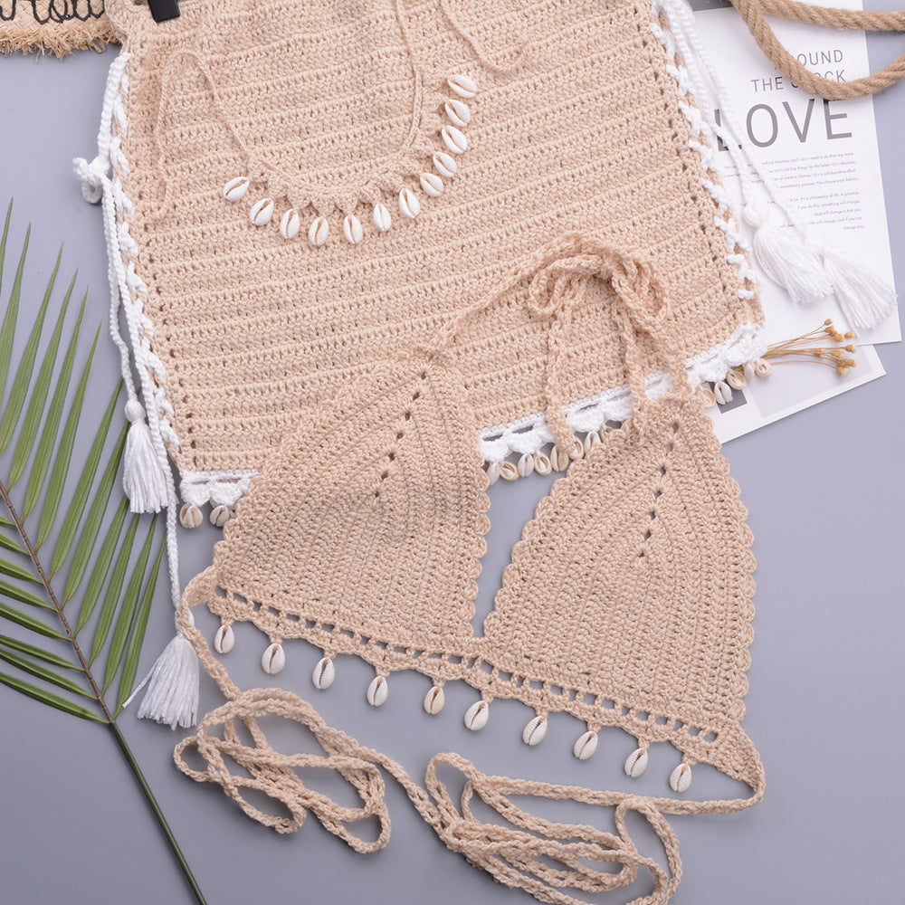 Ensemble bikini femme, haut de bikini crochet coquillages et pompons, jupe de plage coquillages en dentelle transparente, tenue de plage d'été 2 pièces, ensemble haut de bikini et jupe en crochet.