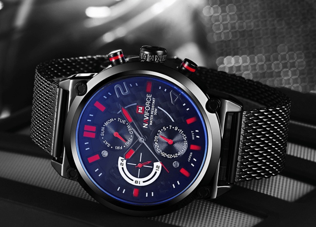 Montres à Quartz Analogiques Multifonctions pour Hommes, Étanche avec Bracelet en Maille d'Acier Inoxydable, Excellent Design, Cadeau Parfait