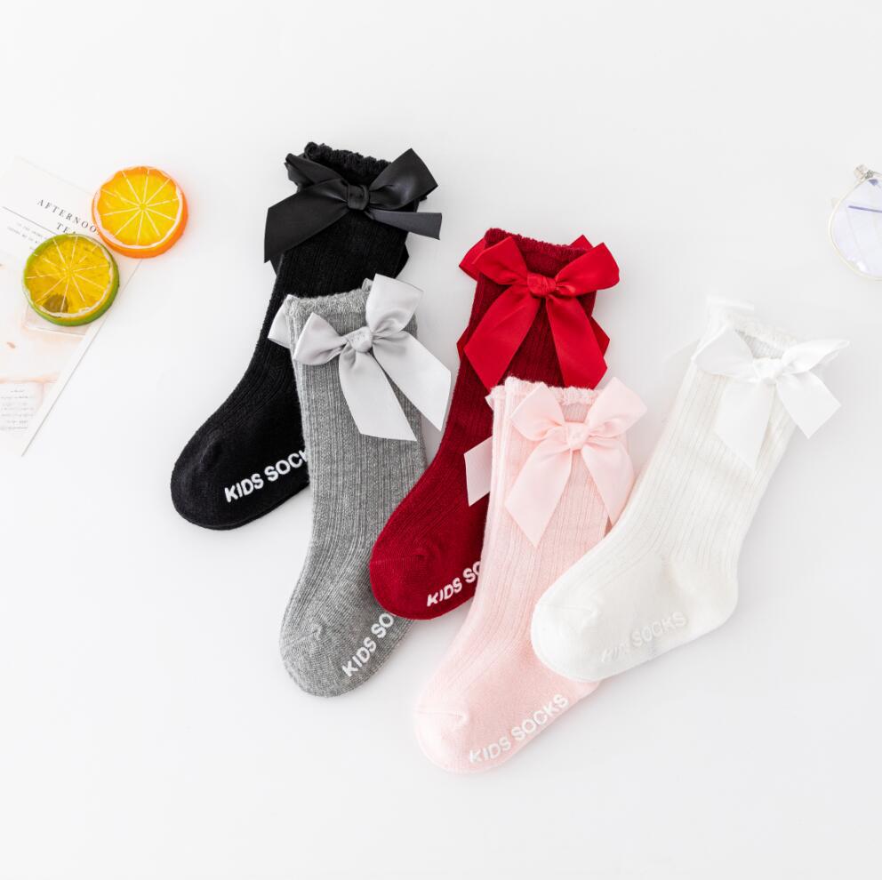 Nouvelles chaussettes extensibles pour enfants, tout-petons, filles, avec grand nœud, hauteur genou, longues, en coton doux, en dentelle, confortables, colorées