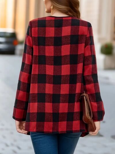 Veste élégante à carreaux ouverte sur le devant à manches longues, stylée et confortable, légère et respirante