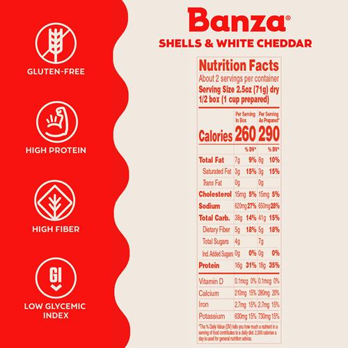 Banza Coquilles & Macaroni au Fromage Cheddar Blanc - Riche en Protéines, Sans Gluten et à Faible Teneur en Glucides - 155g
