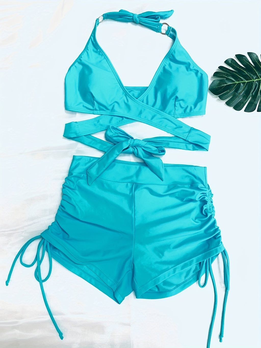 Ensemble bikini dos nu Coastal Curve pour femme – Maillot de bain dos nu à lacets avec col en V, détail anneau chic et short boxer taille haute pour l'été – Maillot de bain deux pièces élégant en nylon pour femme, style plage et piscine