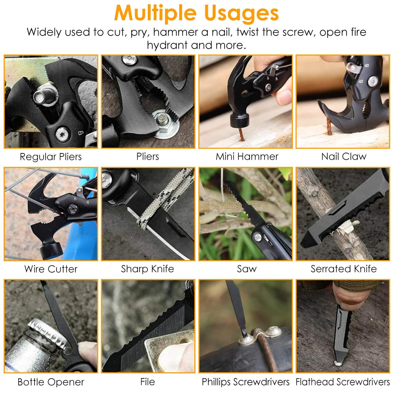 Outil multifonction portable 12-en-1 en acier inoxydable avec marteau