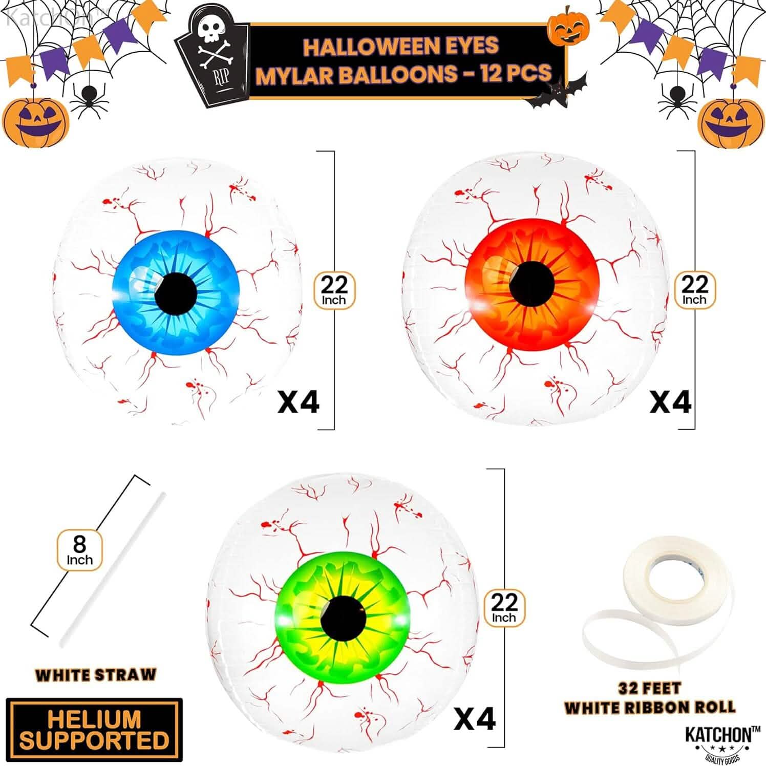 Lot de 12 ballons d'Halloween « œil » de 55 cm