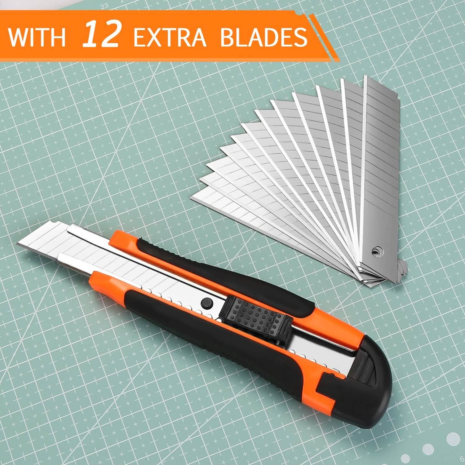 Paquets de 12 : Couteau utilitaire AGPtEK 18 mm, cutter rétractable de sécurité avec 12 lames de rechange supplémentaires
