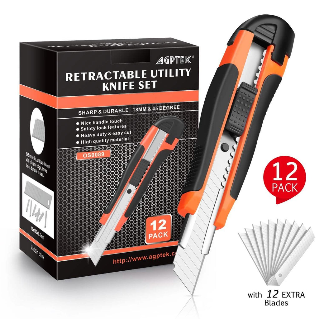 Paquets de 12 : Couteau utilitaire AGPtEK 18 mm, cutter rétractable de sécurité avec 12 lames de rechange supplémentaires
