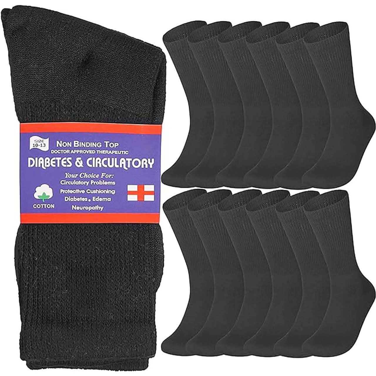 Lot de 12 paires de chaussettes d'équipage en coton, sans revers compressif, pour diabétiques et problèmes circulatoires