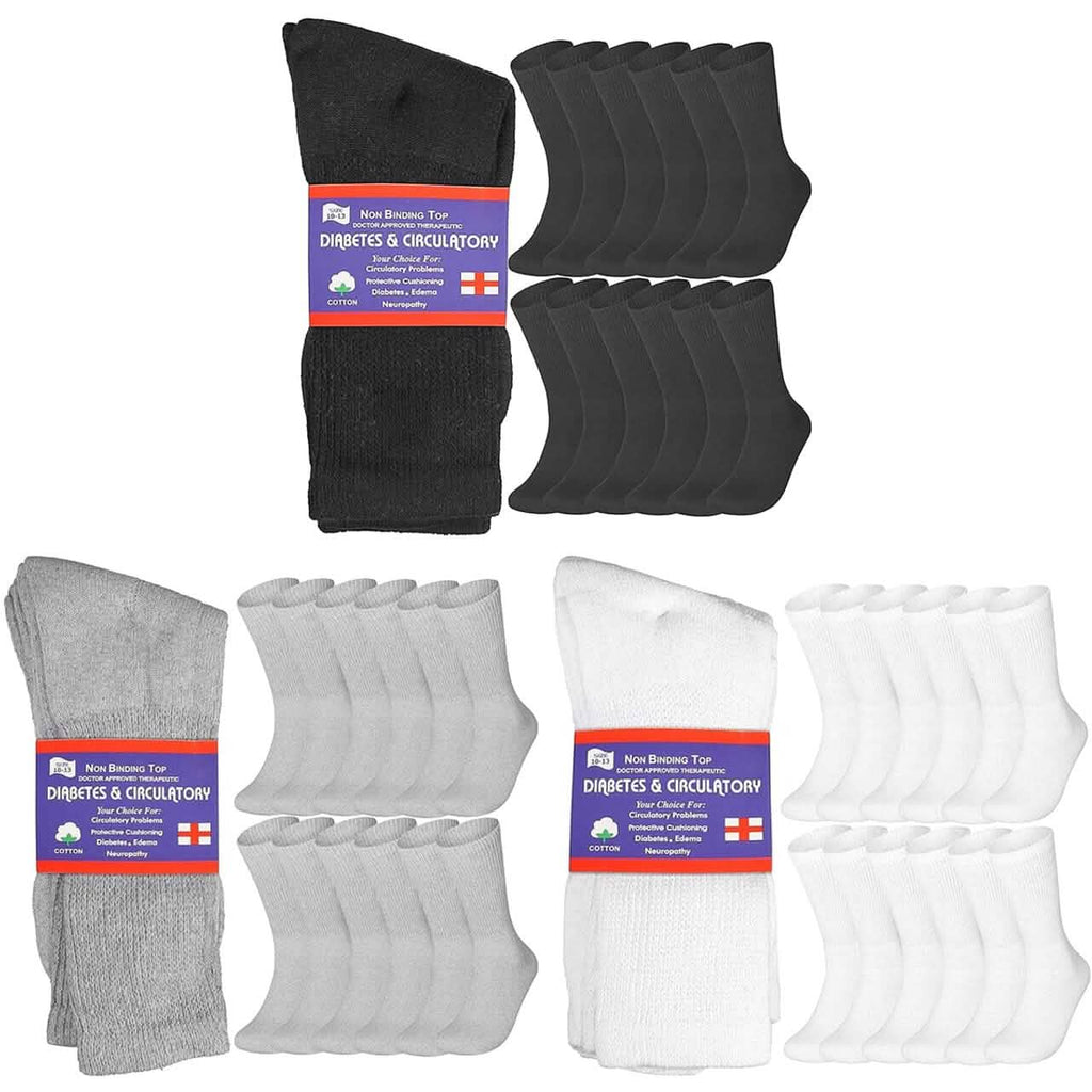 Lot de 12 paires de chaussettes d'équipage en coton, sans revers compressif, pour diabétiques et problèmes circulatoires
