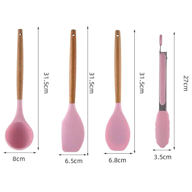 Ensemble de 12 ustensiles de cuisine en silicone à manche en bois