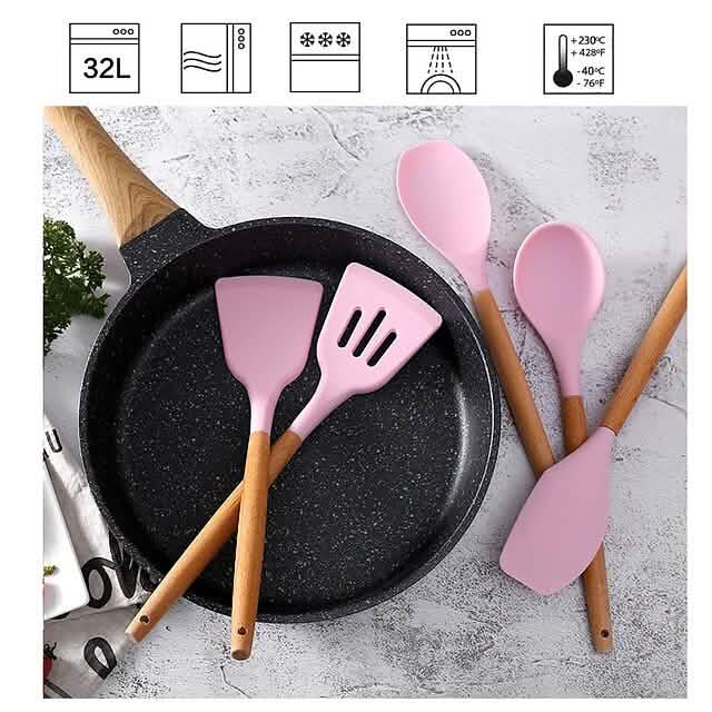 Ensemble de 12 ustensiles de cuisine en silicone à manche en bois