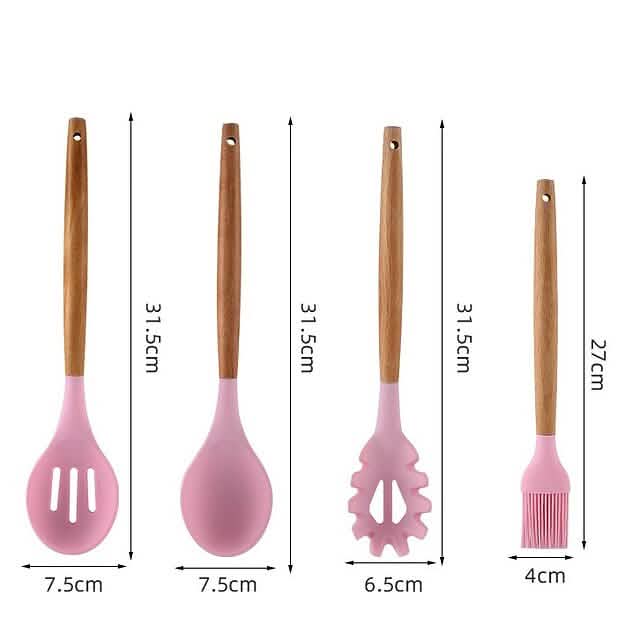 Ensemble de 12 ustensiles de cuisine en silicone à manche en bois