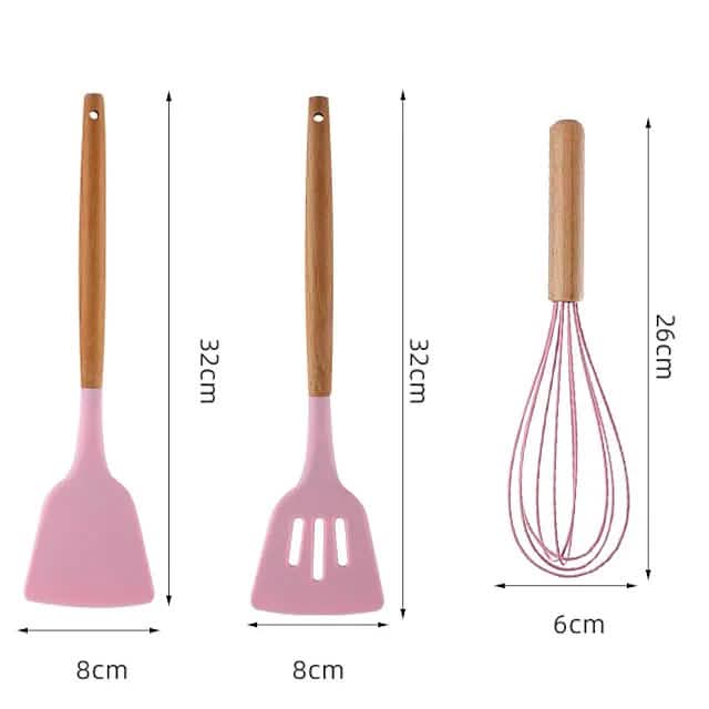 Ensemble de 12 ustensiles de cuisine en silicone à manche en bois