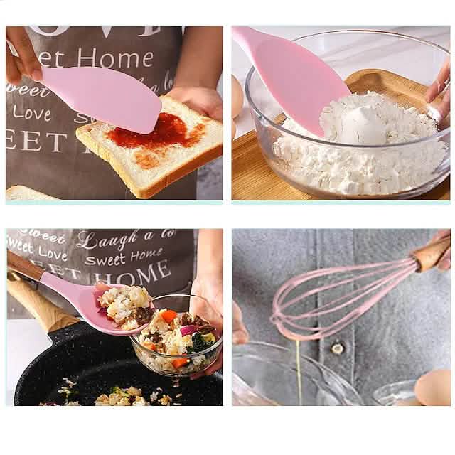 Ensemble de 12 ustensiles de cuisine en silicone à manche en bois