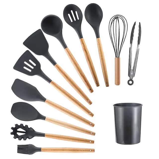 Ensemble de 12 ustensiles de cuisine en silicone à manche en bois