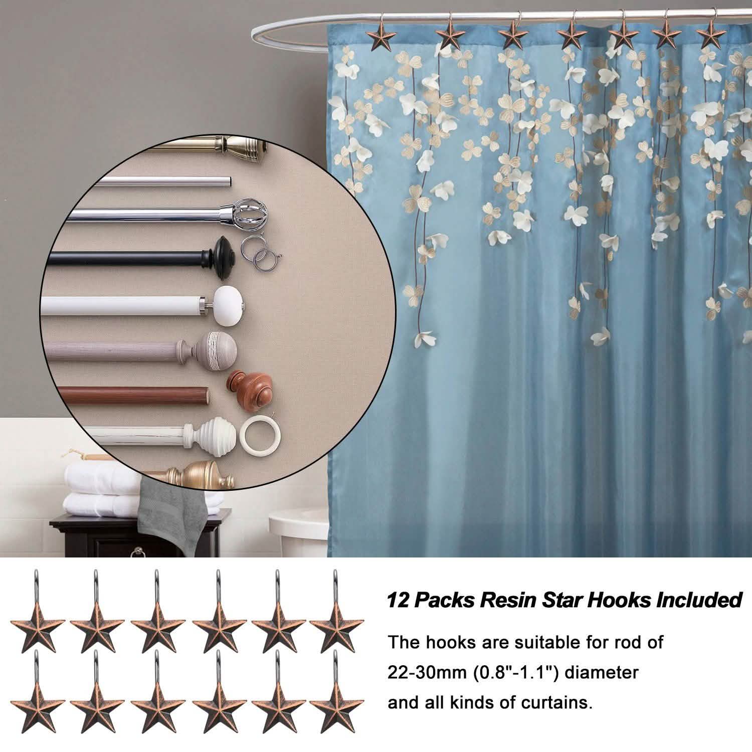 Lot de 12 : Crochets de rideau de douche décoratifs en étoile antirouille