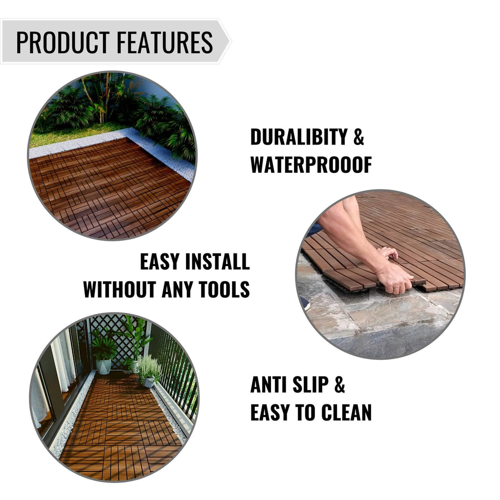 Dalles de terrasse en teck imbriquées carrées de 30 x 30 cm