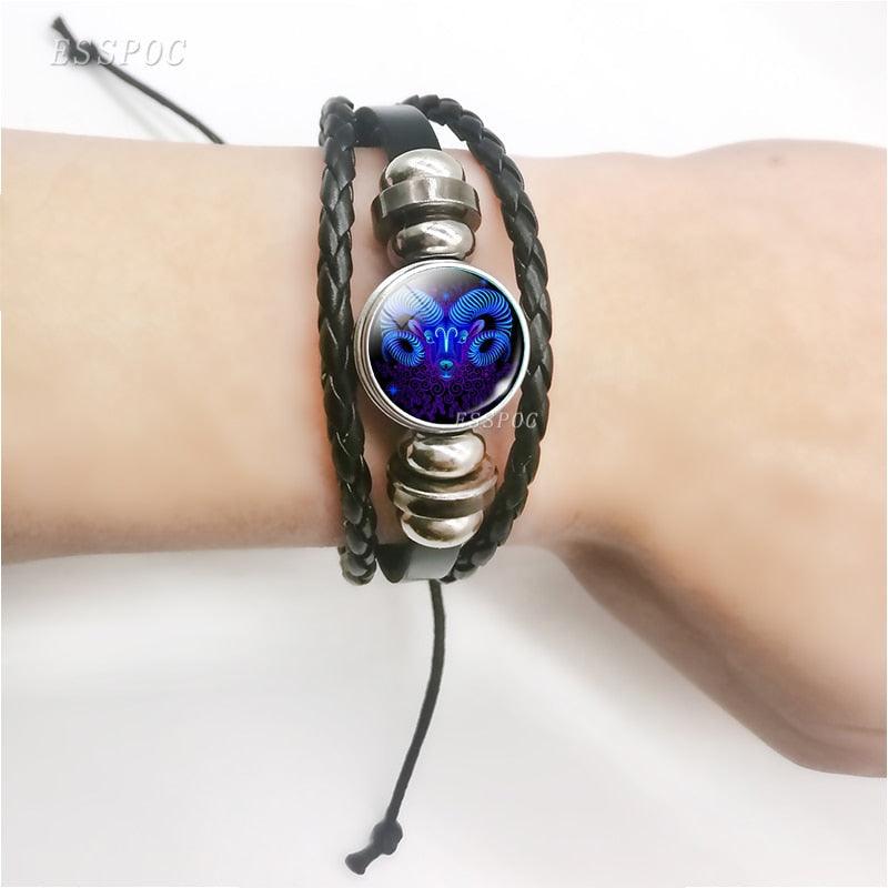 Bracelet avec 12 signes du zodiaque pour homme et femme, mode multicouche, tissage de cuir, breloques 12 Douze Constellations, bracelet en cuir PU tressé, bracelet punk signe du zodiaque