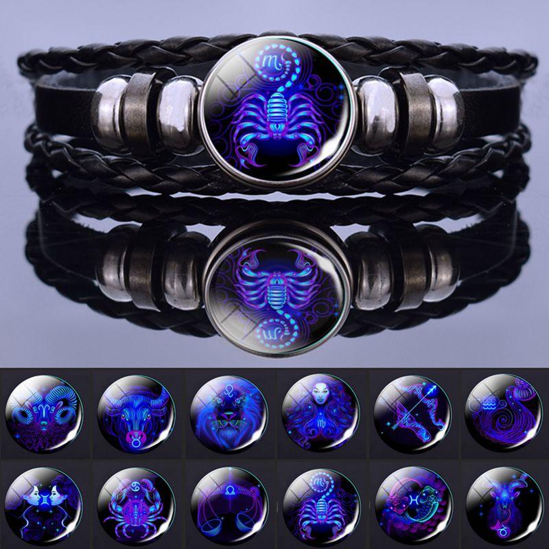 Bracelet avec 12 signes du zodiaque pour homme et femme, mode multicouche, tissage de cuir, breloques 12 Douze Constellations, bracelet en cuir PU tressé, bracelet punk signe du zodiaque