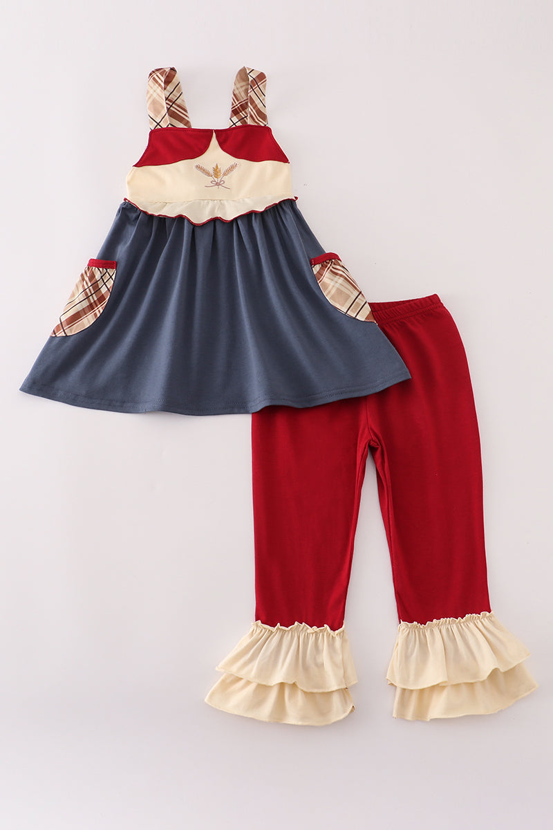 Ensemble pantalon brodé de blé à volants