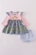 Ensemble bloomer à volants brodé citrouille florale bleue