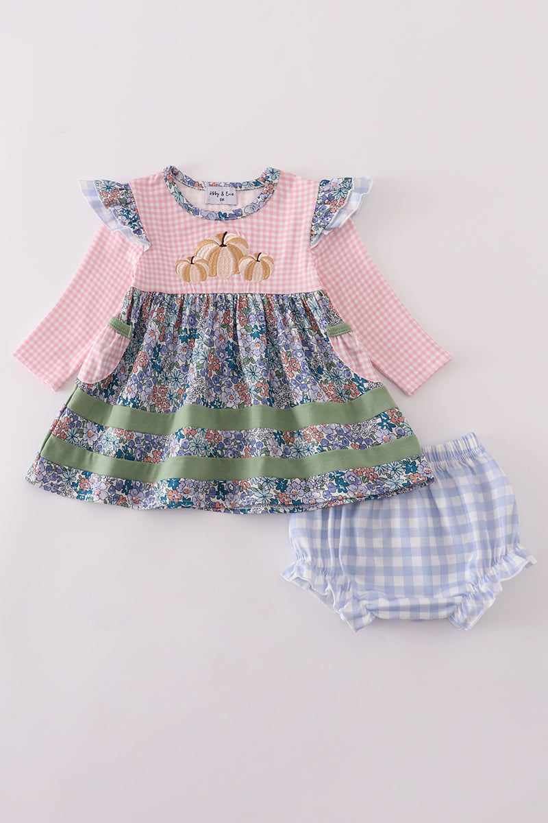 Ensemble bloomer à volants brodé citrouille florale bleue