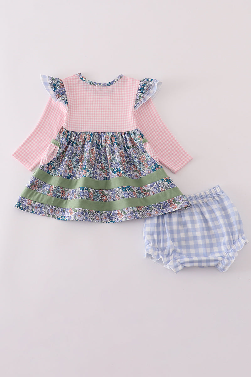 Ensemble bloomer à volants brodé citrouille florale bleue