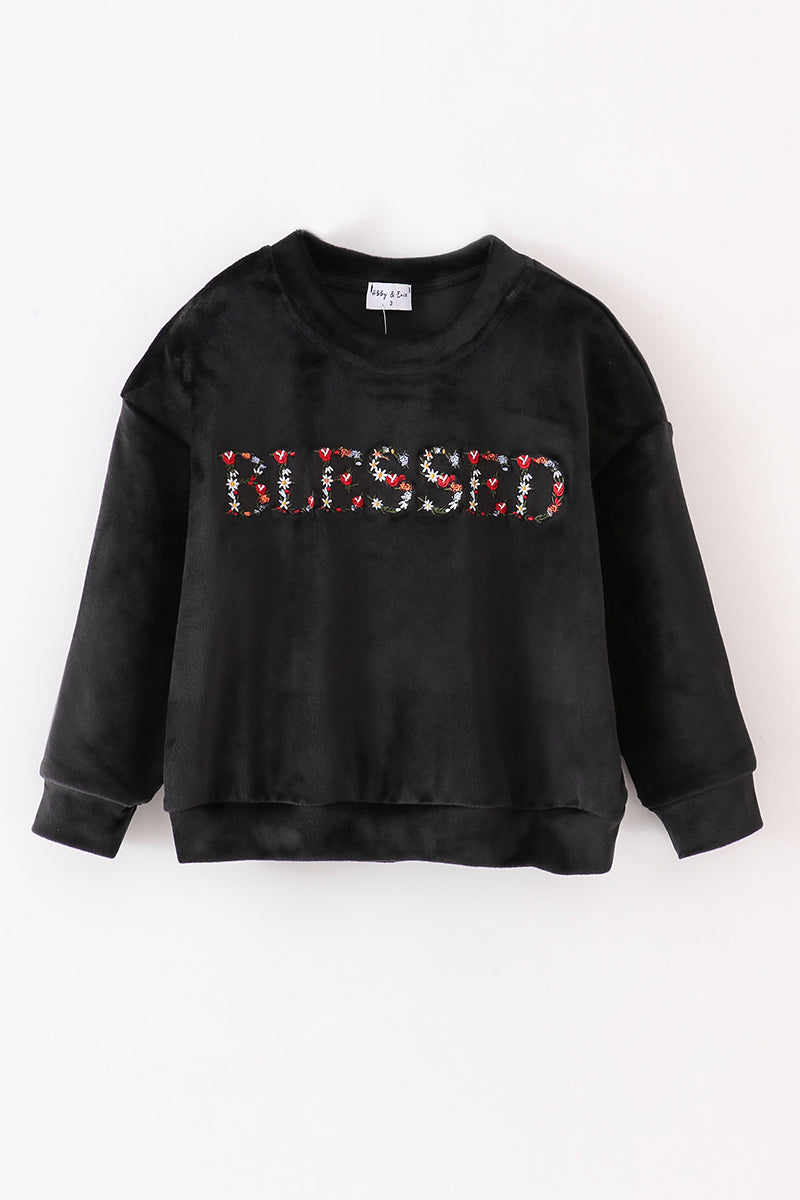 Sweat-shirt mère et enfant en velours noir brodé "blessed"