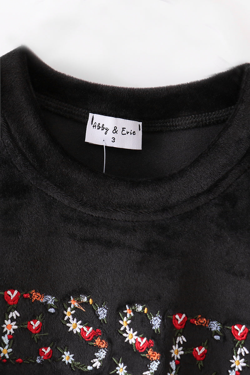 Sweat-shirt mère et enfant en velours noir brodé "blessed"