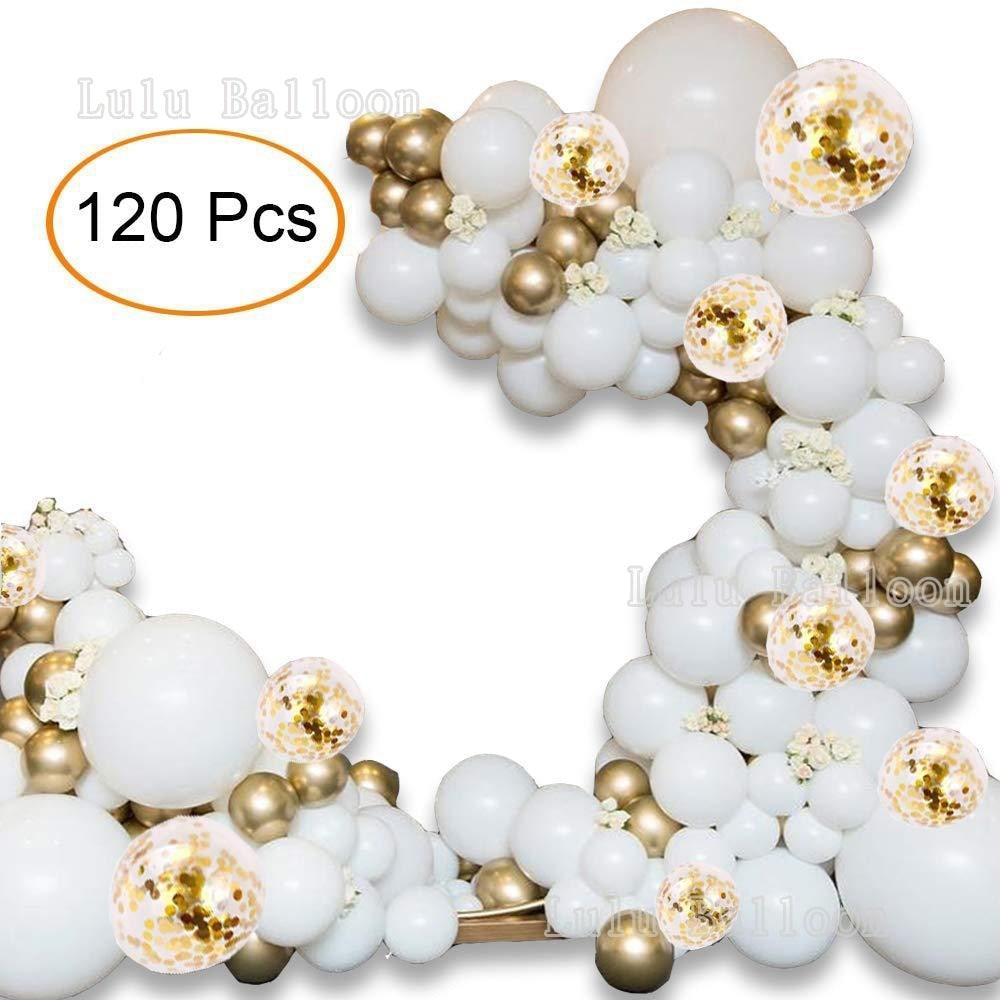 Kit d'Arche de Ballons Métalliques Confettis Or Blanc 120pcs Pour Décorations de Fête de Mariage Anniversaire Kit d'Arche Guirlande de Ballons Pour Baby Shower Fête Nuptiale Fête Prénatale