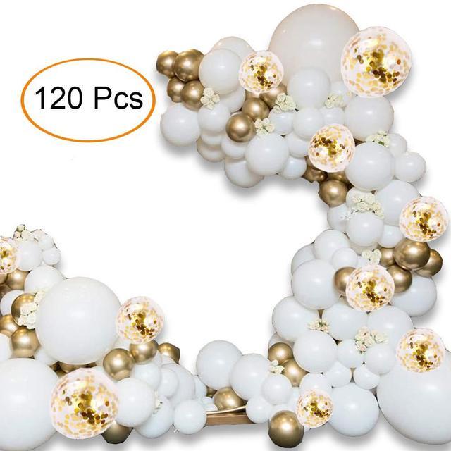 Kit d'Arche de Ballons Métalliques Confettis Or Blanc 120pcs Pour Décorations de Fête de Mariage Anniversaire Kit d'Arche Guirlande de Ballons Pour Baby Shower Fête Nuptiale Fête Prénatale