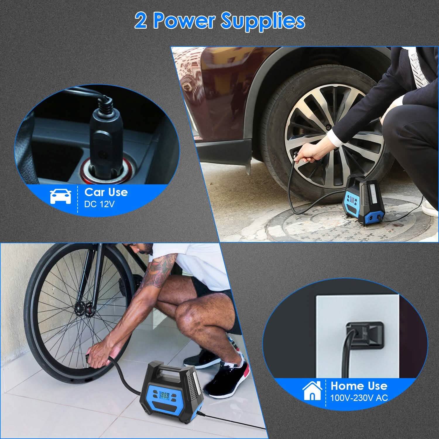 Pompe à pneu portable d'une puissance maximale de 120 W avec affichage numérique et lumière LED