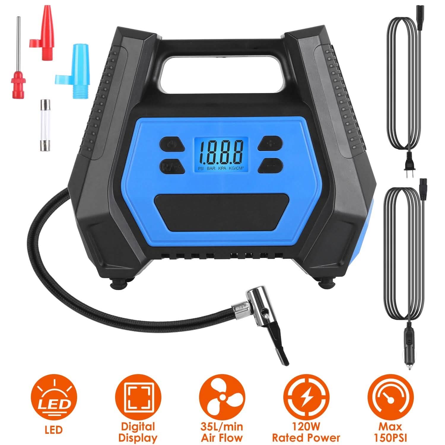 Pompe à pneu portable d'une puissance maximale de 120 W avec affichage numérique et lumière LED