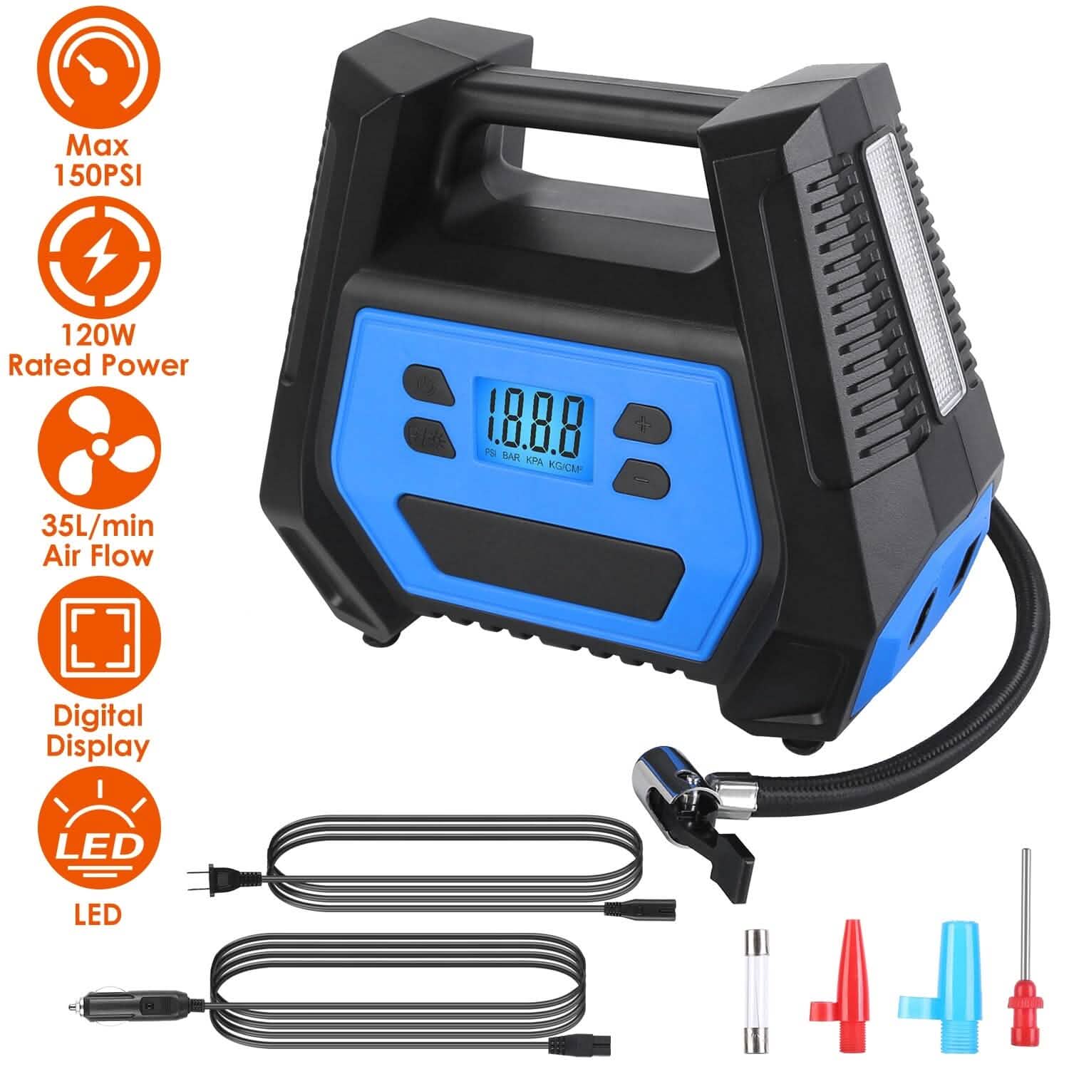 Pompe à pneu portable d'une puissance maximale de 120 W avec affichage numérique et lumière LED