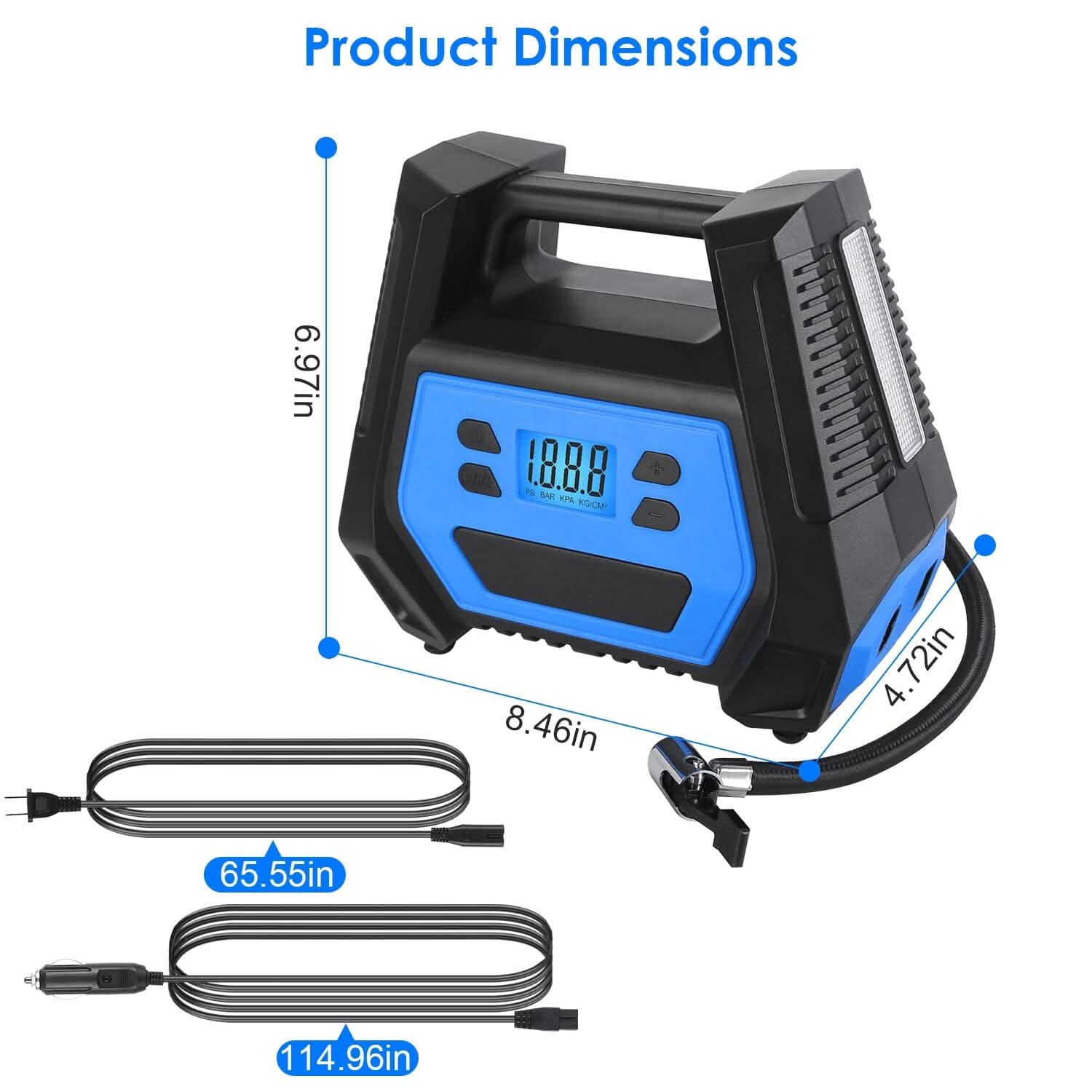Pompe à pneu portable d'une puissance maximale de 120 W avec affichage numérique et lumière LED