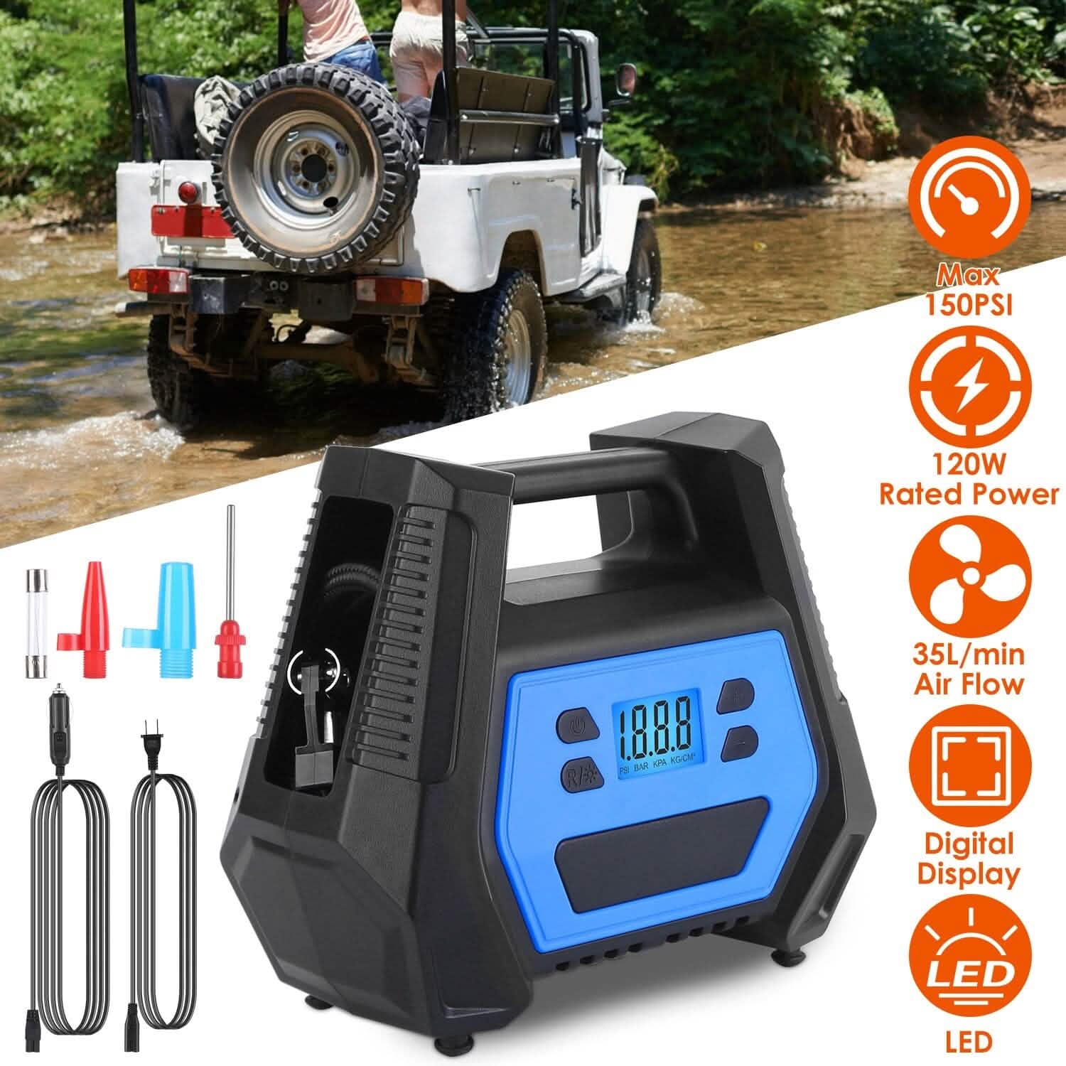 Pompe à pneu portable d'une puissance maximale de 120 W avec affichage numérique et lumière LED