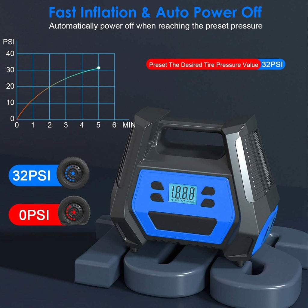 Pompe à pneu portable d'une puissance maximale de 120 W avec affichage numérique et lumière LED