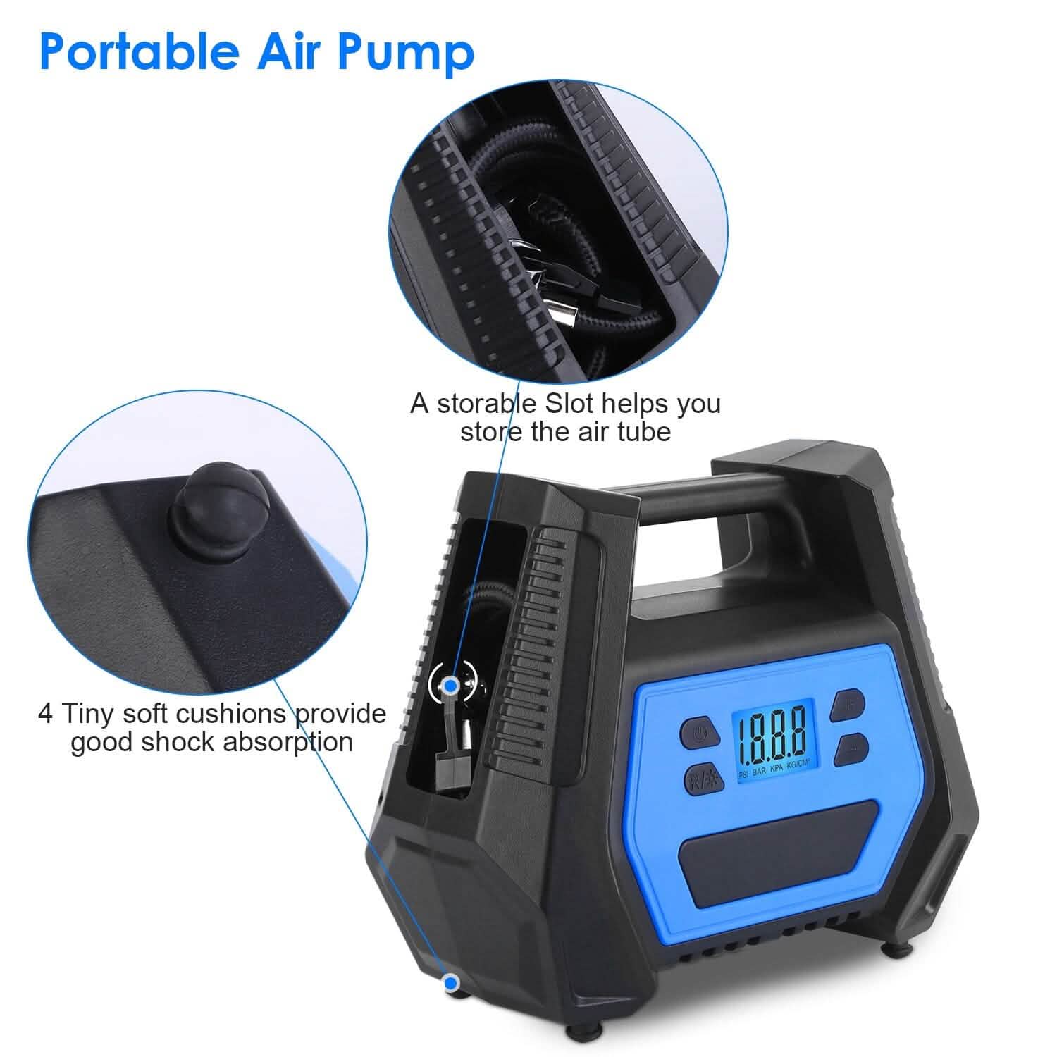 Pompe à pneu portable d'une puissance maximale de 120 W avec affichage numérique et lumière LED