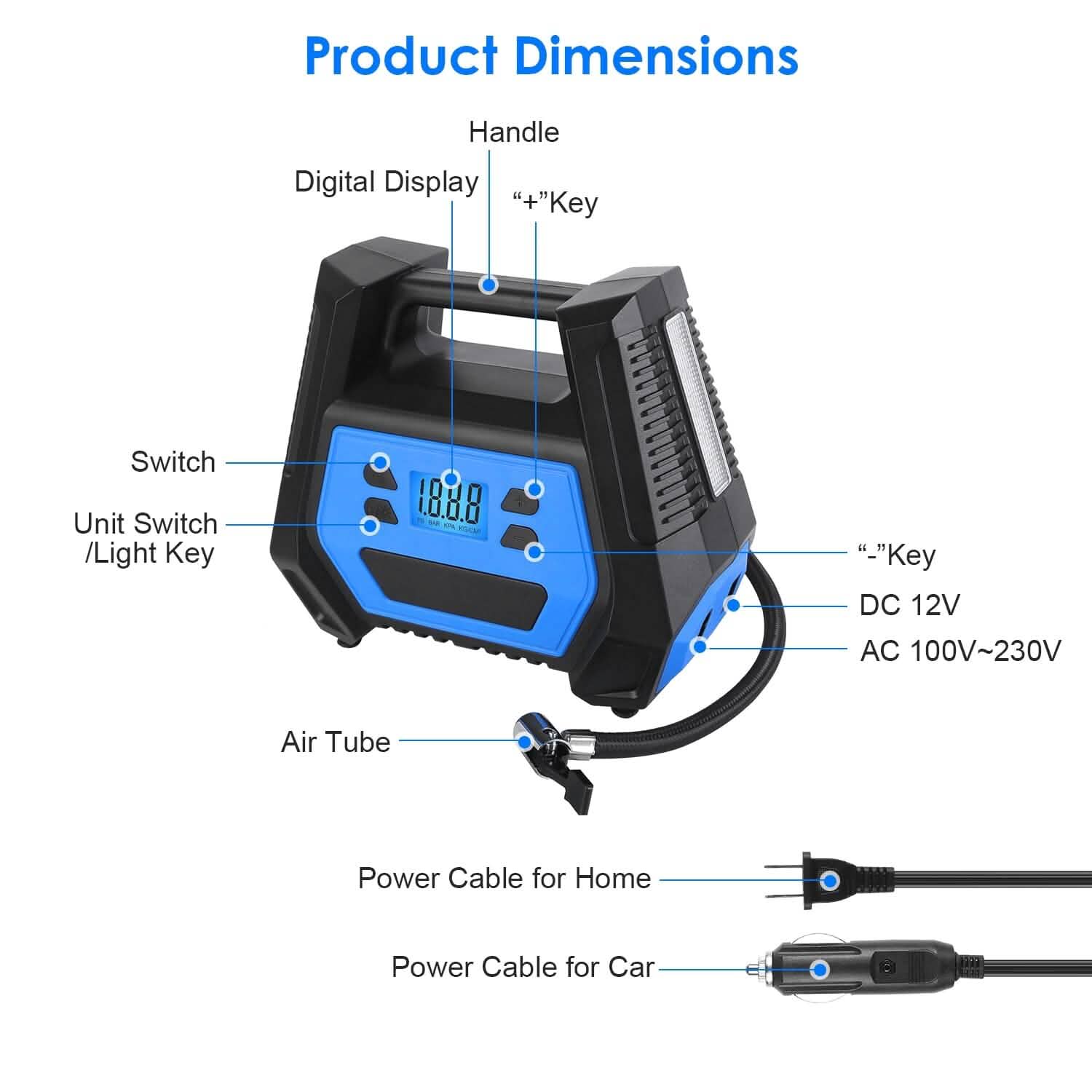 Pompe à pneu portable d'une puissance maximale de 120 W avec affichage numérique et lumière LED