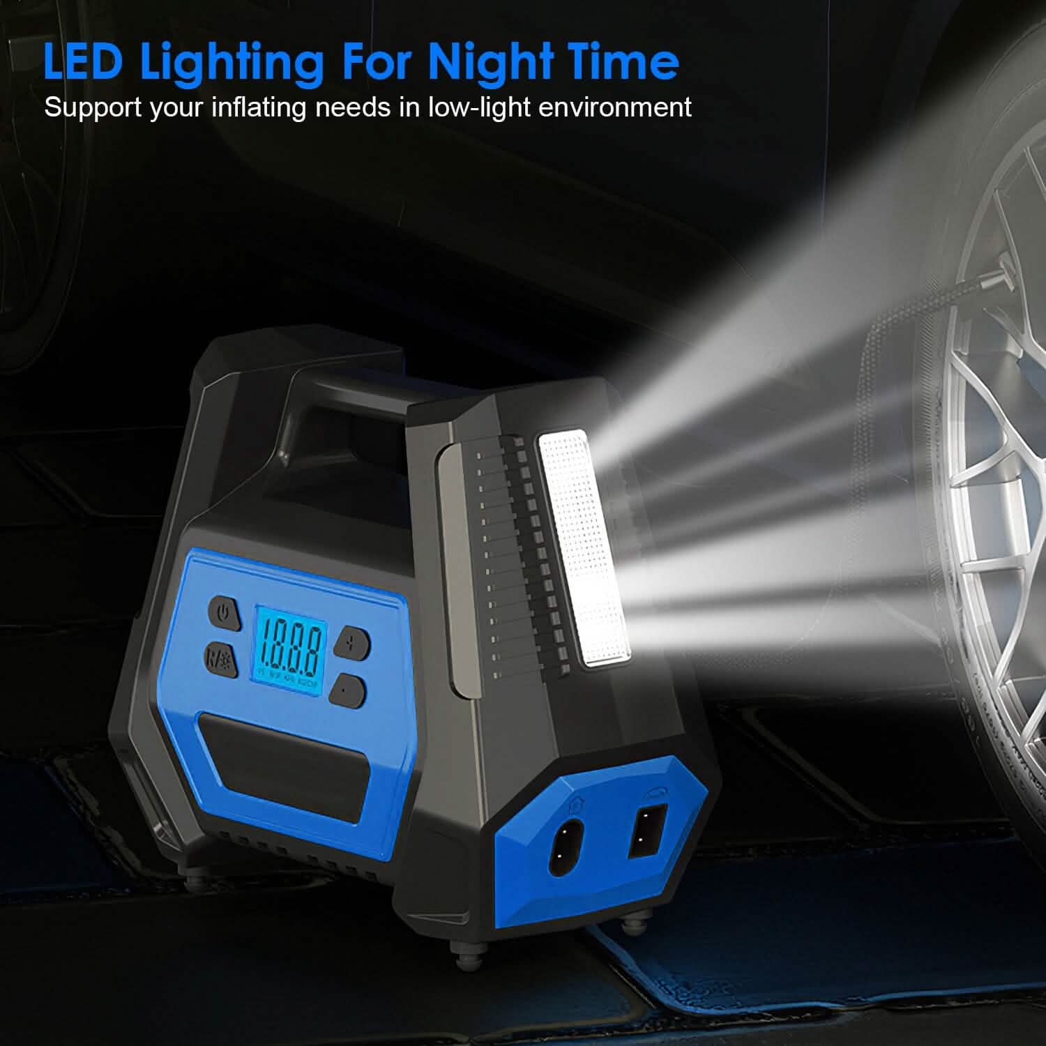 Pompe à pneu portable d'une puissance maximale de 120 W avec affichage numérique et lumière LED